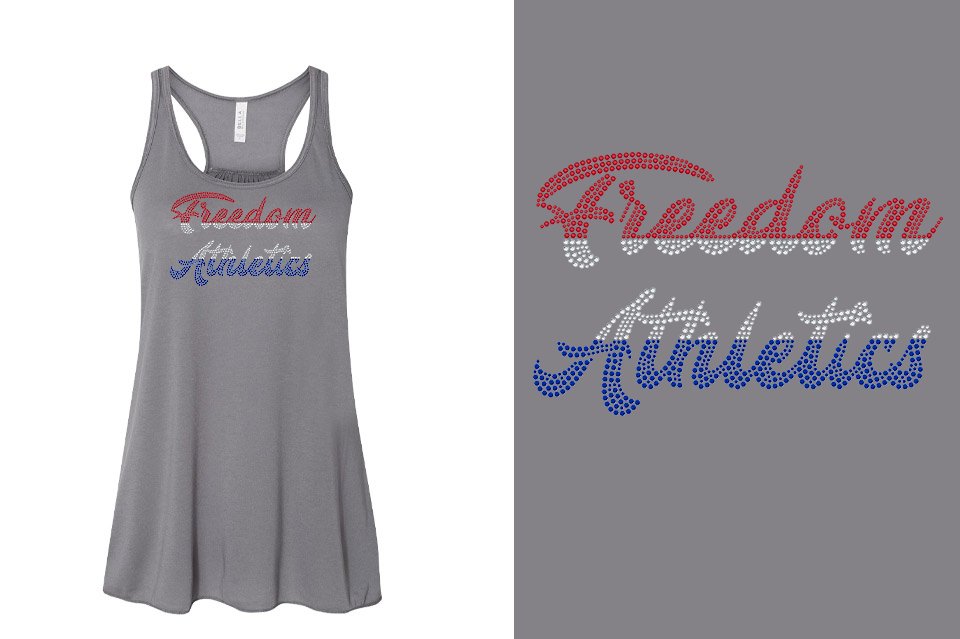 Rhinestones Freedom Athletics 2 lines red white blue stones Youth Flowy Racerback Tank